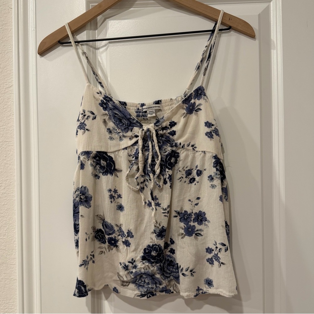 American Eagle Y2K Floral Baby Doll Style Tank Top Blue White Cut Out Tie